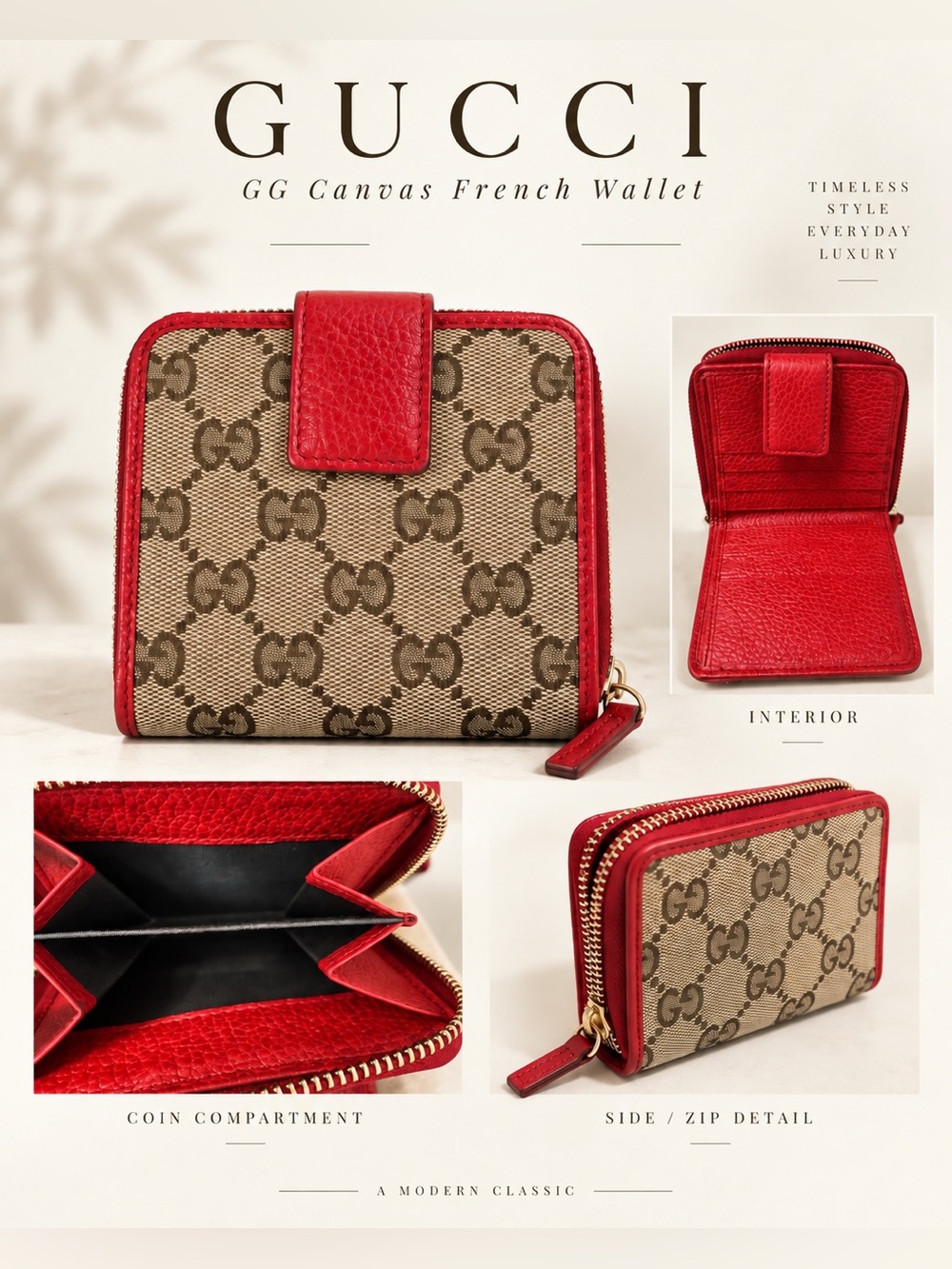 Gucci Red and Beige GG Canvas Zip Around French Rosso Wallet POP